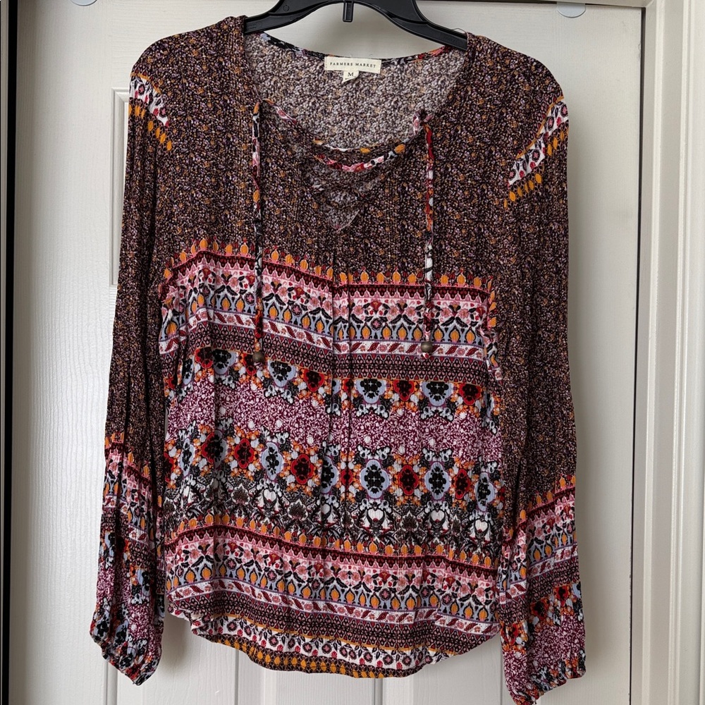 Farmers Market Brown Multi-Print Boho Tie-Neck Blouse